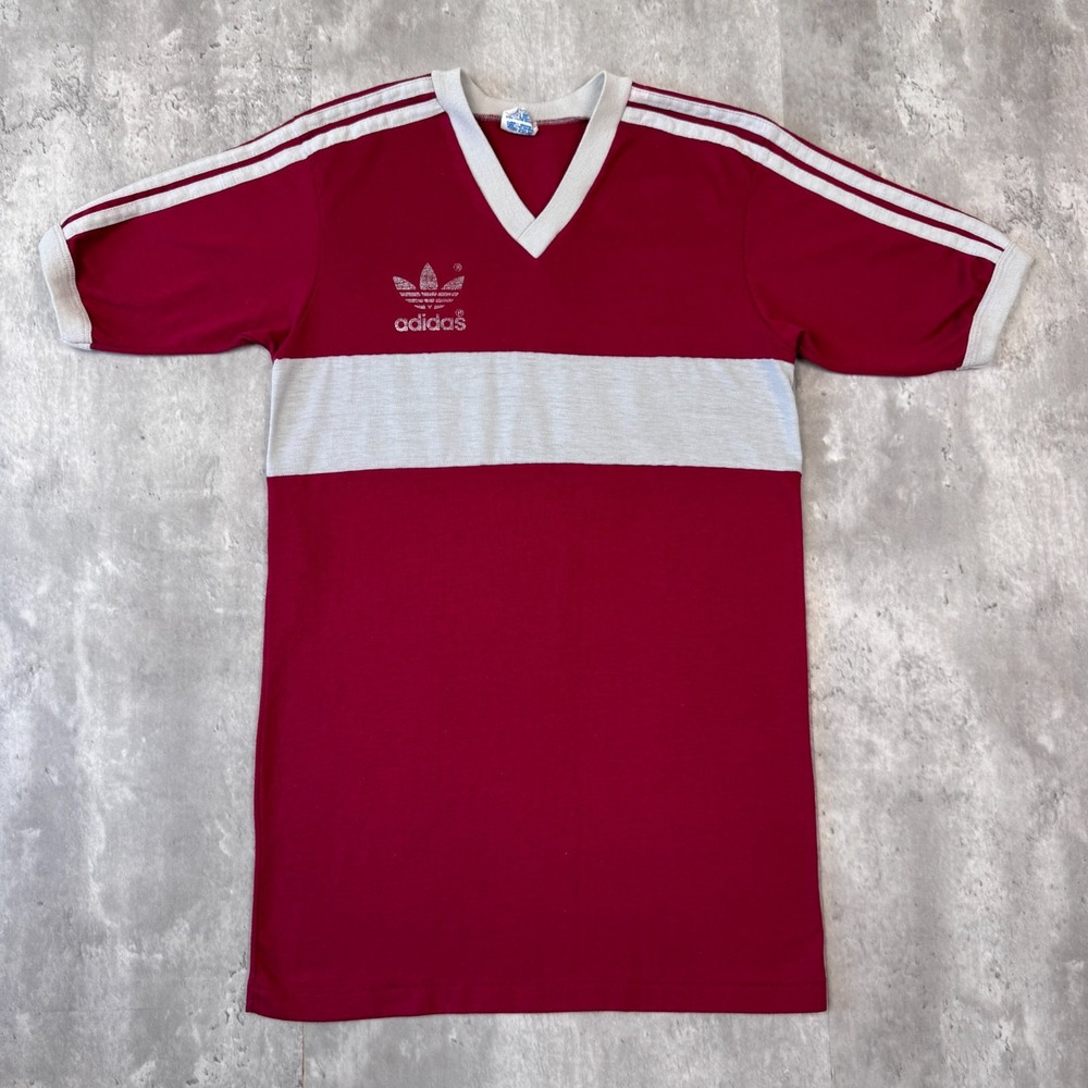 Vintage Adidas Trefoil T-Shirt Mens M Red Gray 3 Stripe V-Neck Soccer Jersey 70s
